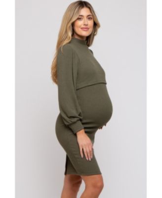 Maternity Taupe Rib Knit Mock Neck Nursing Dress