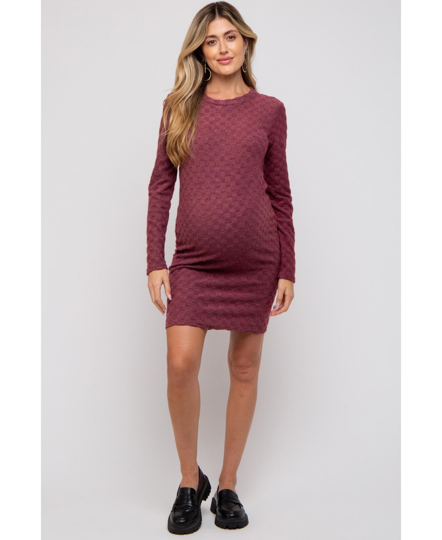 Women's Burgundy Soft Brushed Knit Long Sleeve Dress