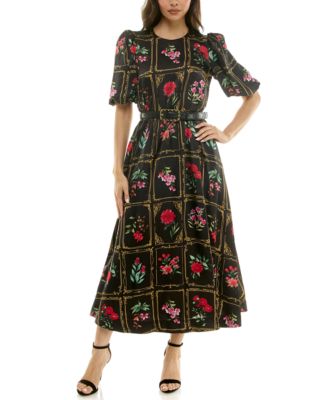 Women's Belted Puff Sleeve Midi Dress