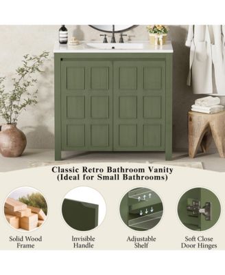 36" Solid Wood Bathroom Vanity Set with Ceramic Sink & Distressed Finish Storage Cabinet Organizer