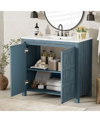 36" Solid Wood Bathroom Vanity Set with Ceramic Sink & Distressed Finish Storage Cabinet Organizer