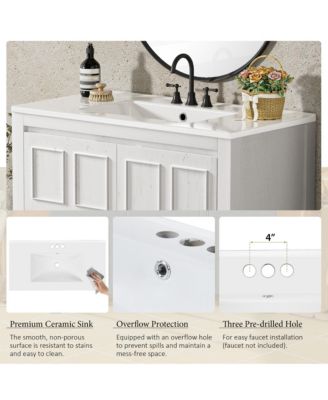 36" Solid Wood Bathroom Vanity Set with Ceramic Sink & Distressed Finish Storage Cabinet Organizer