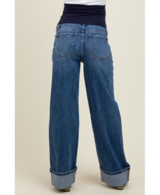 Maternity Navy Blue Cuffed Hem Baggy Wide Leg Jeans