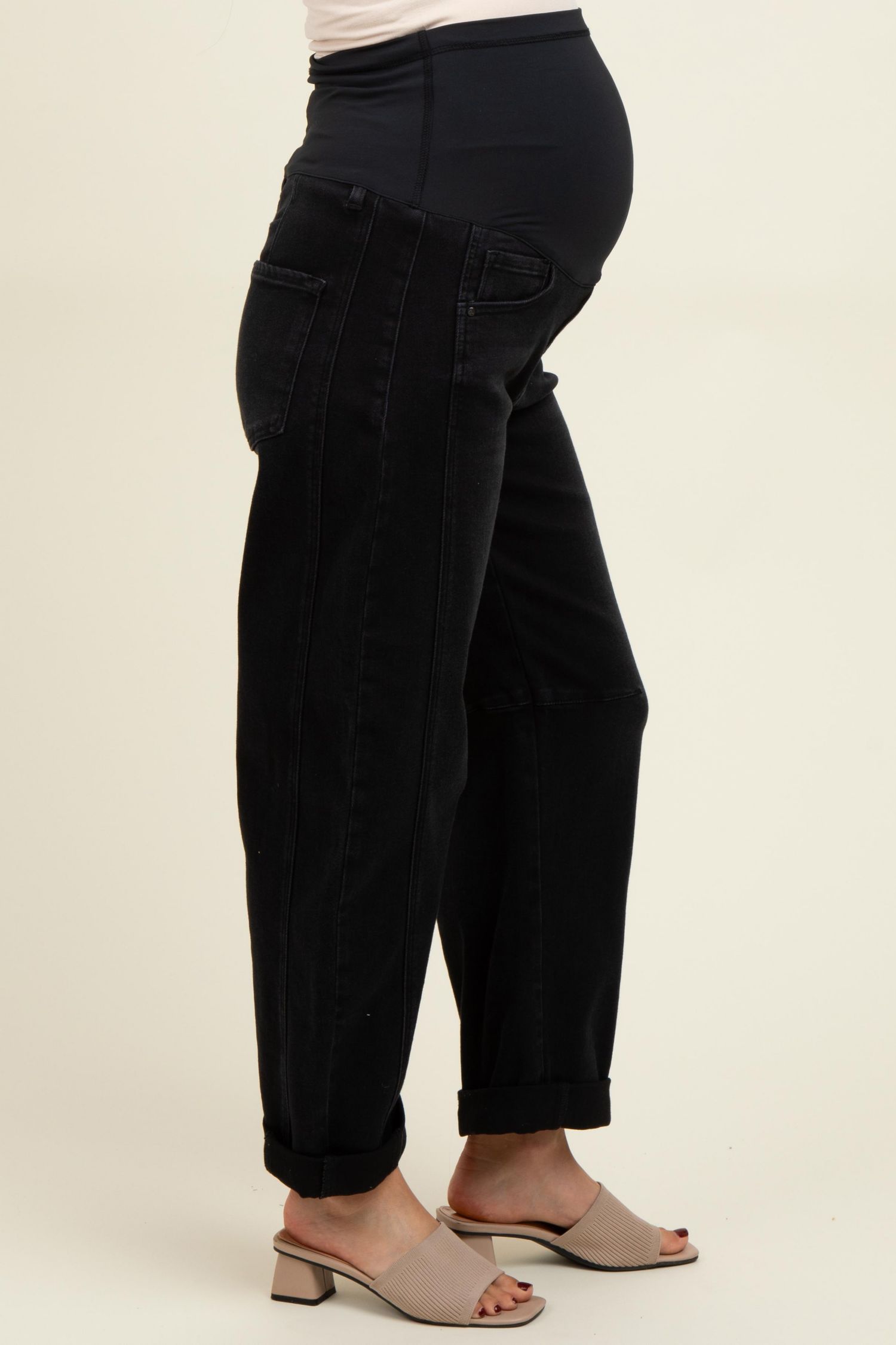 Women's Black Rolled Cuff Barrel Leg Jeans