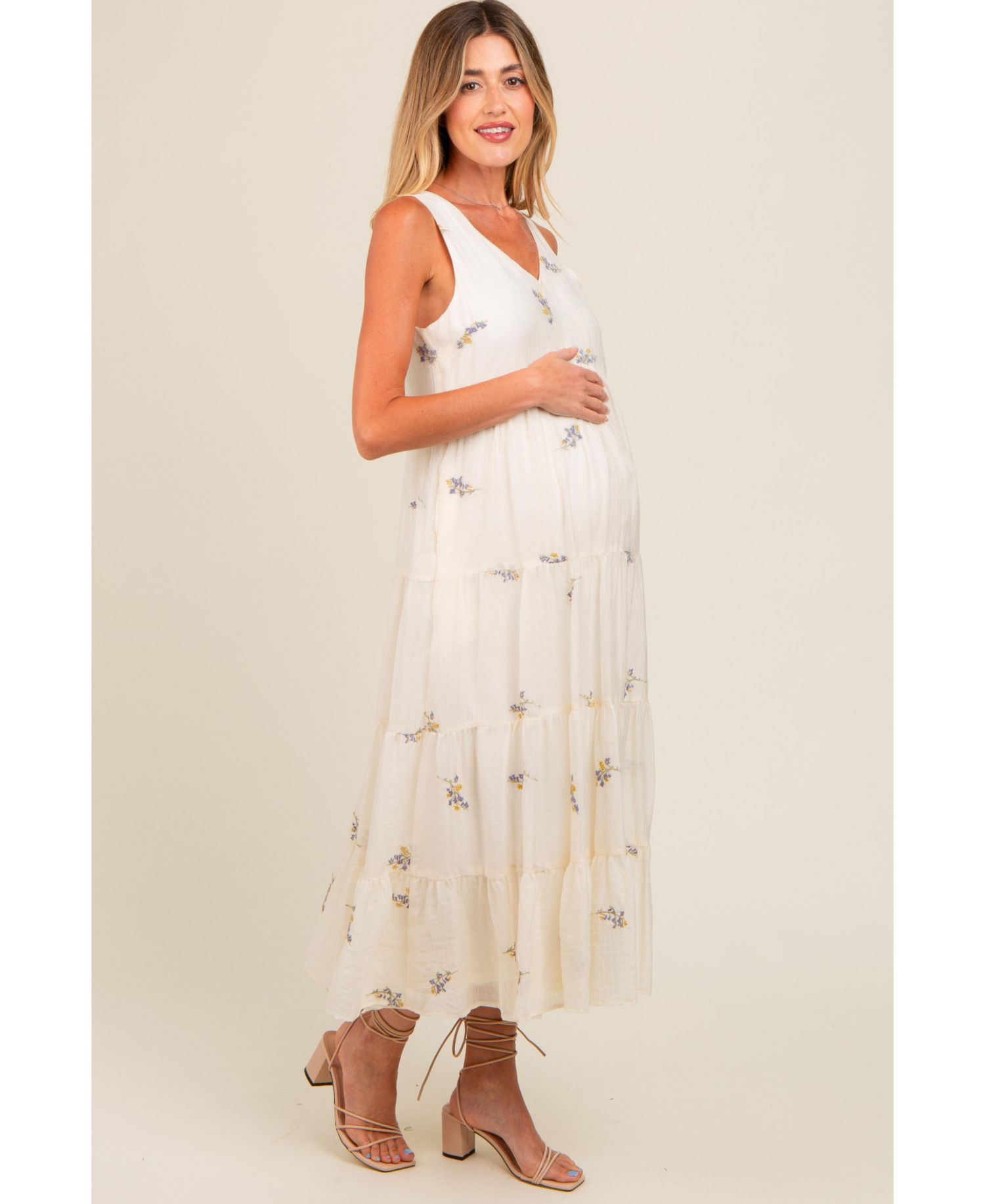 Women's Lavender Ditsy Floral Embroidered V Neck Tiered Dress