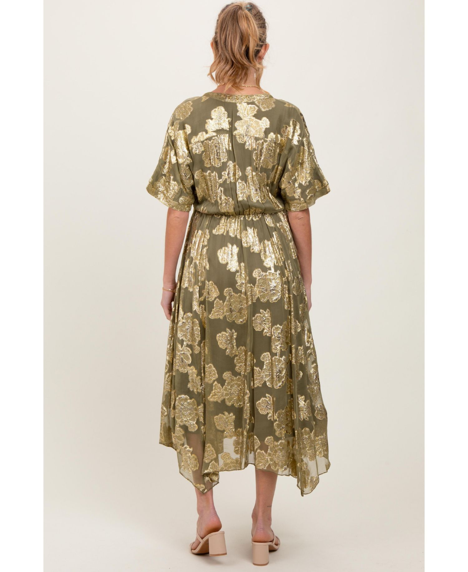 Women's Olive Metallic Floral Jacquard Overlay Maxi Dress