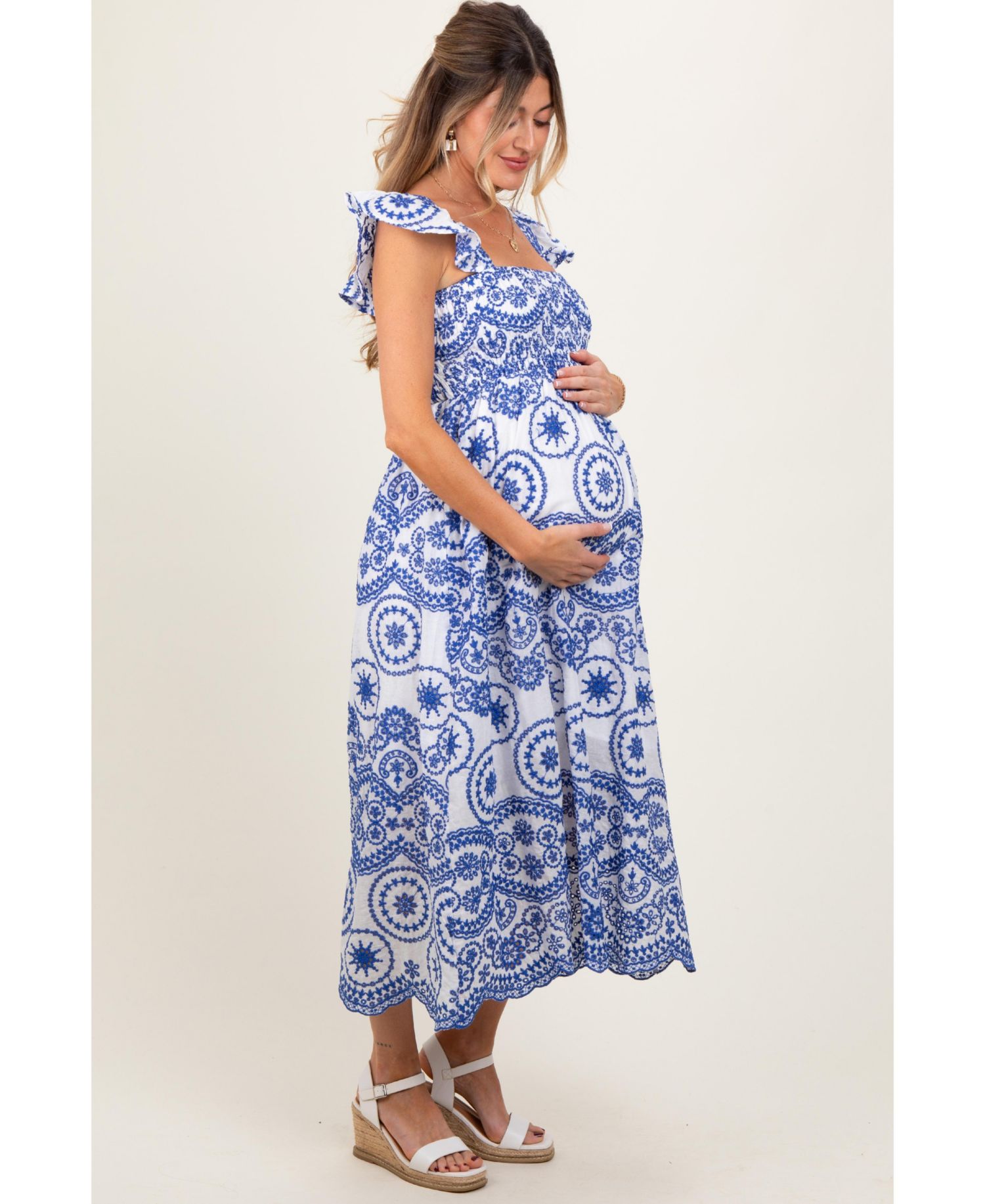 Women's Light Navy Embroidered Smocked Cutout Midi Dress