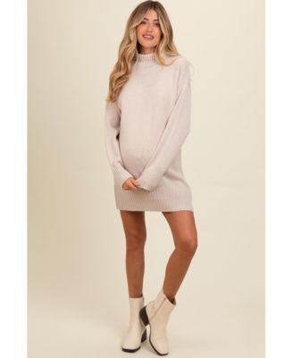 Maternity Beige Turtle Neck Mini Sweater Dress