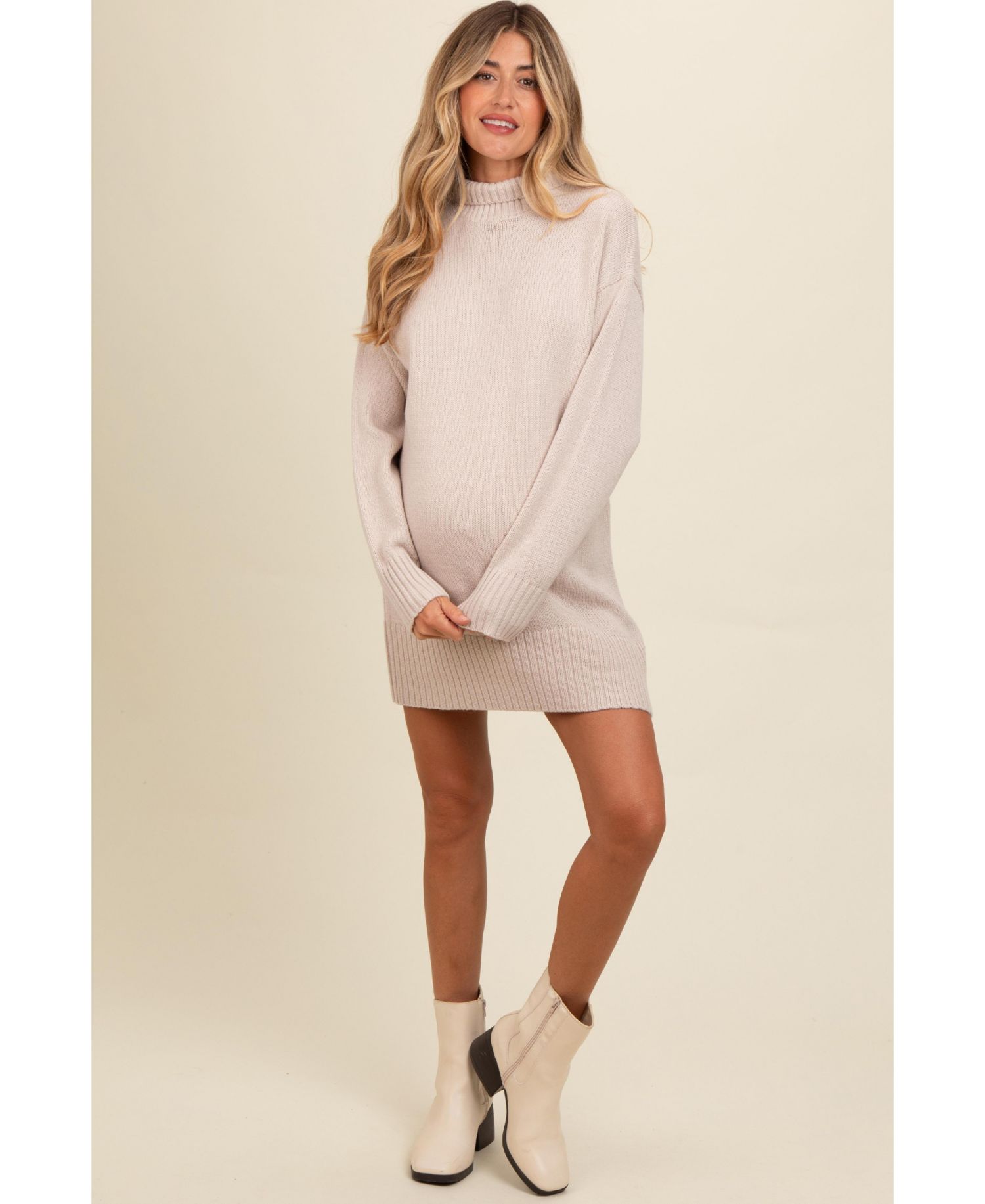 Women's Beige Turtle Neck Mini Sweater Dress