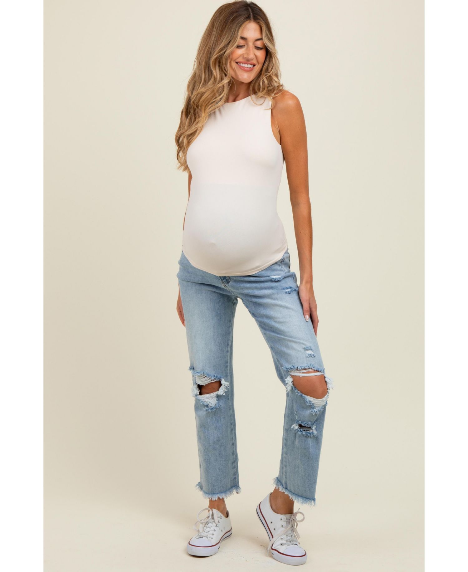 Women's Light Blue Ripped Knee Fringe Hem Straight Leg Ankle Jeans