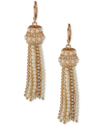 Anne Klein - Gold Tone White Pearl Crystal Stone Tassel Earrings