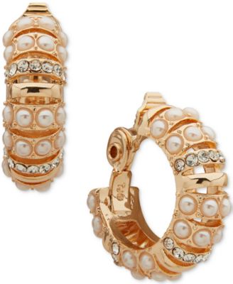 Anne Klein - Gold Tone 28MM White Pearl Tube Hoop EZ Comfort Clip Earrings