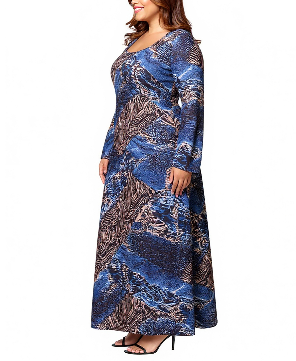 24seven Comfort Apparel Plus Animal Print Long Sleeve Maxi Dress