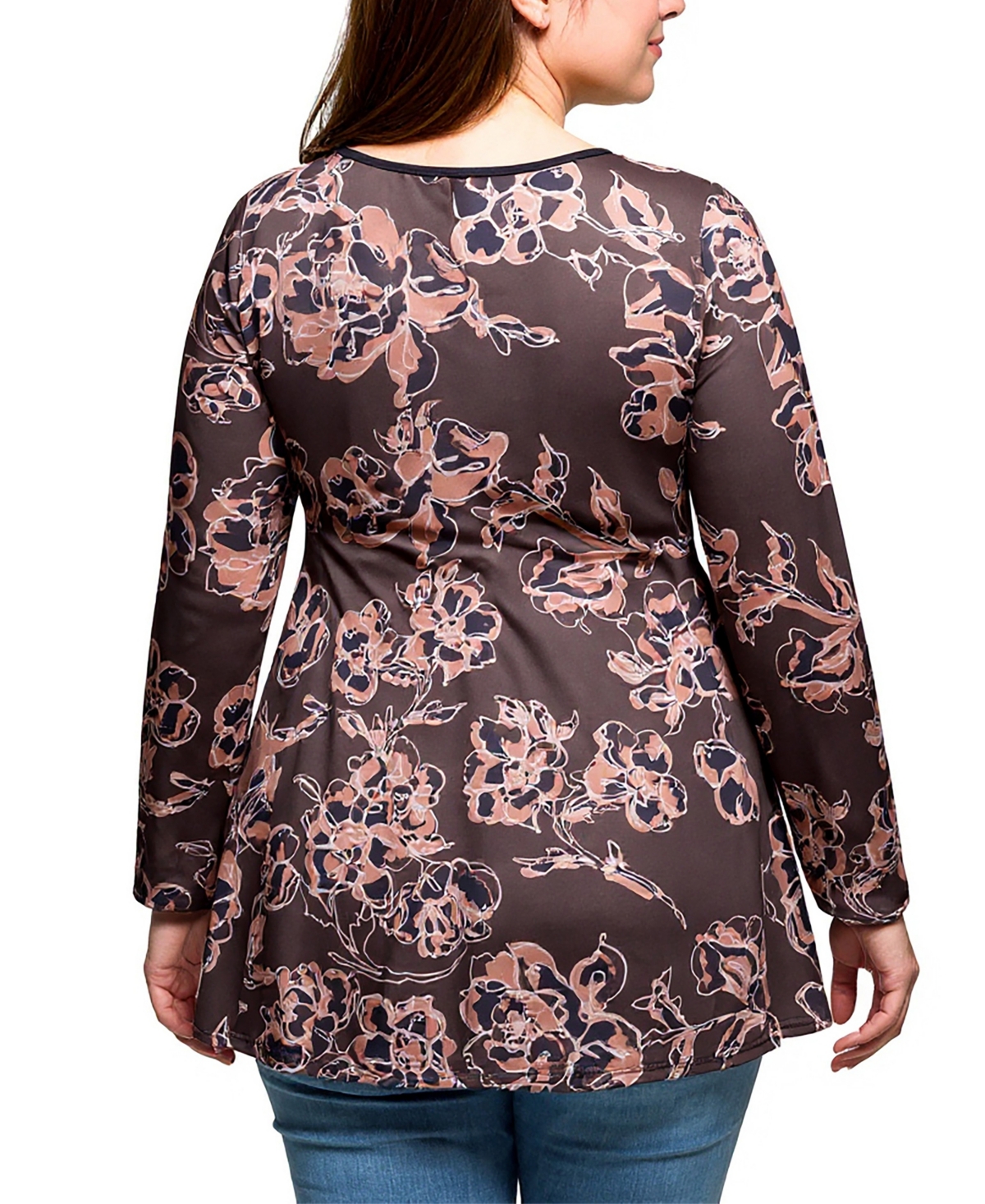 24seven Comfort Apparel Plus Size Brown Floral Print Long Sleeve Tunic Top In Multi