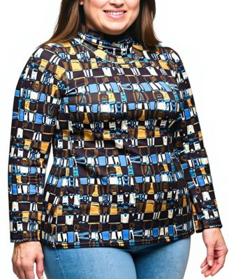 Plus Size Mock Neck Long Sleeve Printed Top