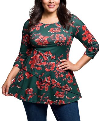 Plus Size Green Floral Print Three Quarter Sleeve Tunic Top