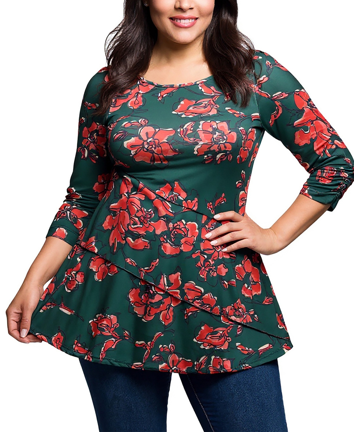 24seven Comfort Apparel Plus Size Green Floral Print Three Quarter Sleeve Tunic Top In Multi
