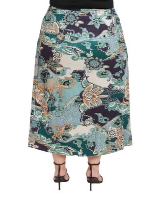 Plus Size Green Paisley Print Midi Skirts