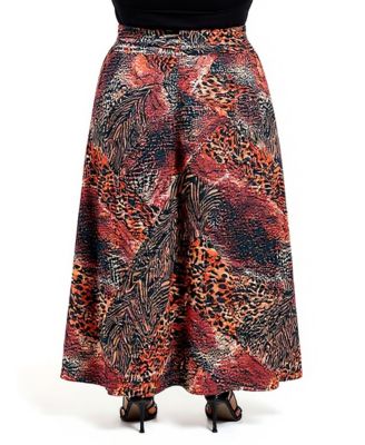 Plus Size Brown Animal Patchwork Print Maxi Skirts