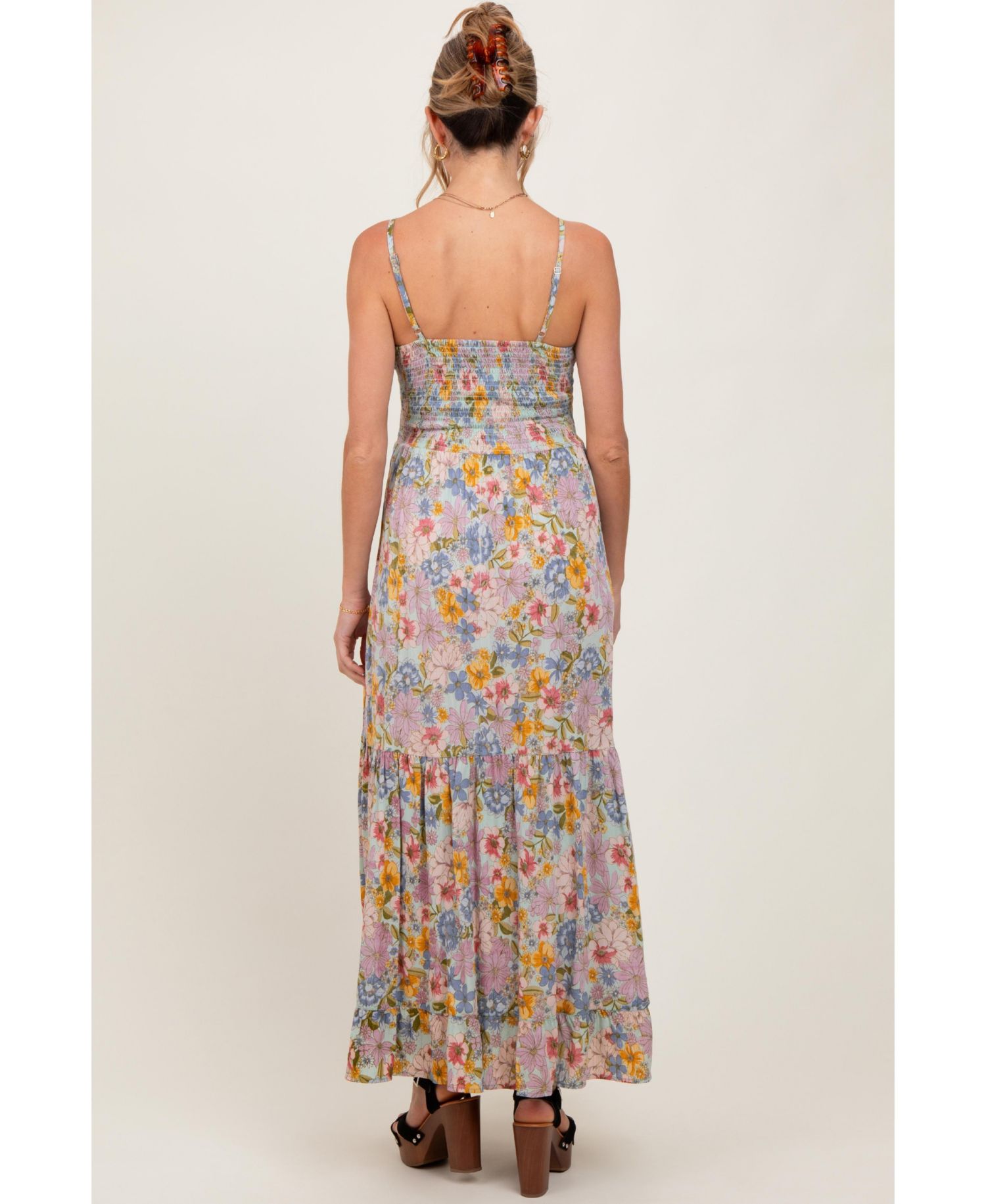 Women's Mint Green Floral Twist Front Cutout Maxi Dress