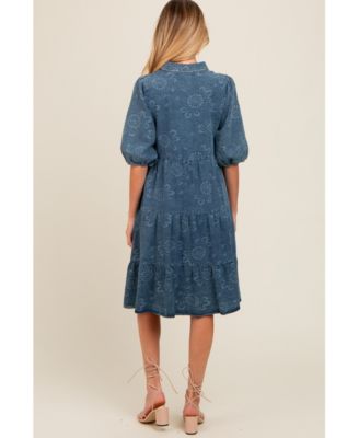 Maternity Blue Denim Button Front Short Puff Sleeve Dress