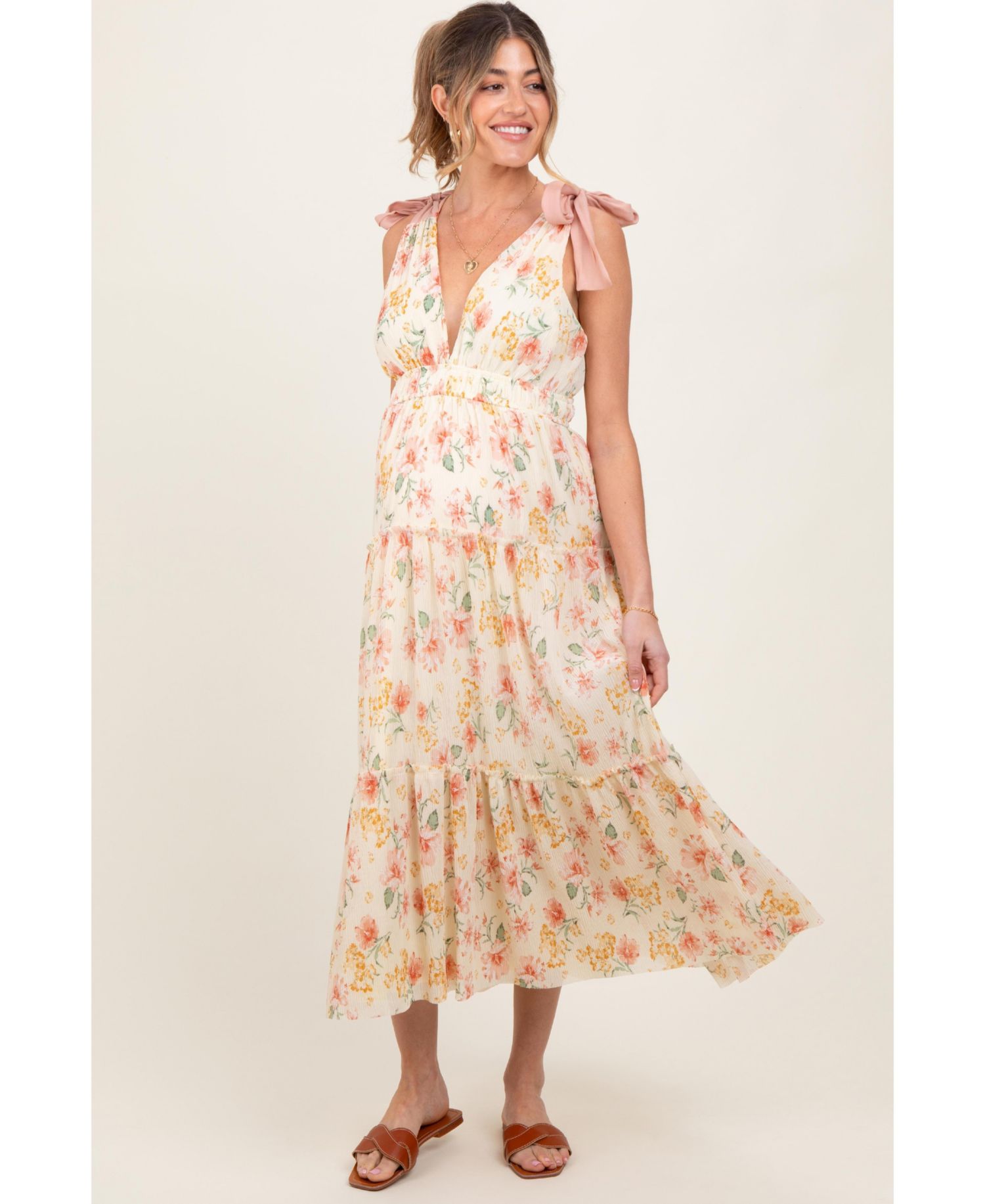 Women's Cream Floral Shoulder Tie Deep V-Neck Tiered Maxi Dress