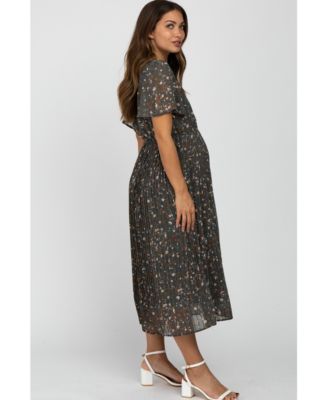 Maternity Black Floral Pleated Short Sleeve Chiffon Midi Dress