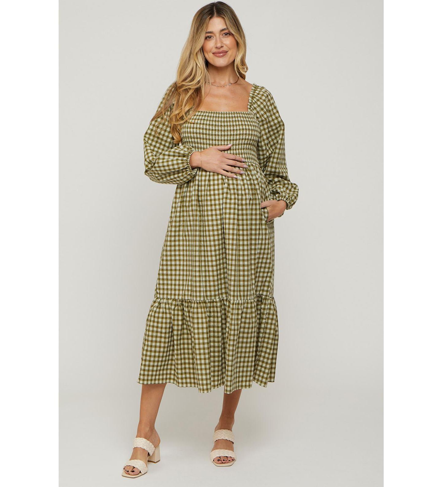 Женское платье Pinkblush Olive Gingham Long Sleeve Midi, цвет: Оливковый зелёный — фото 5