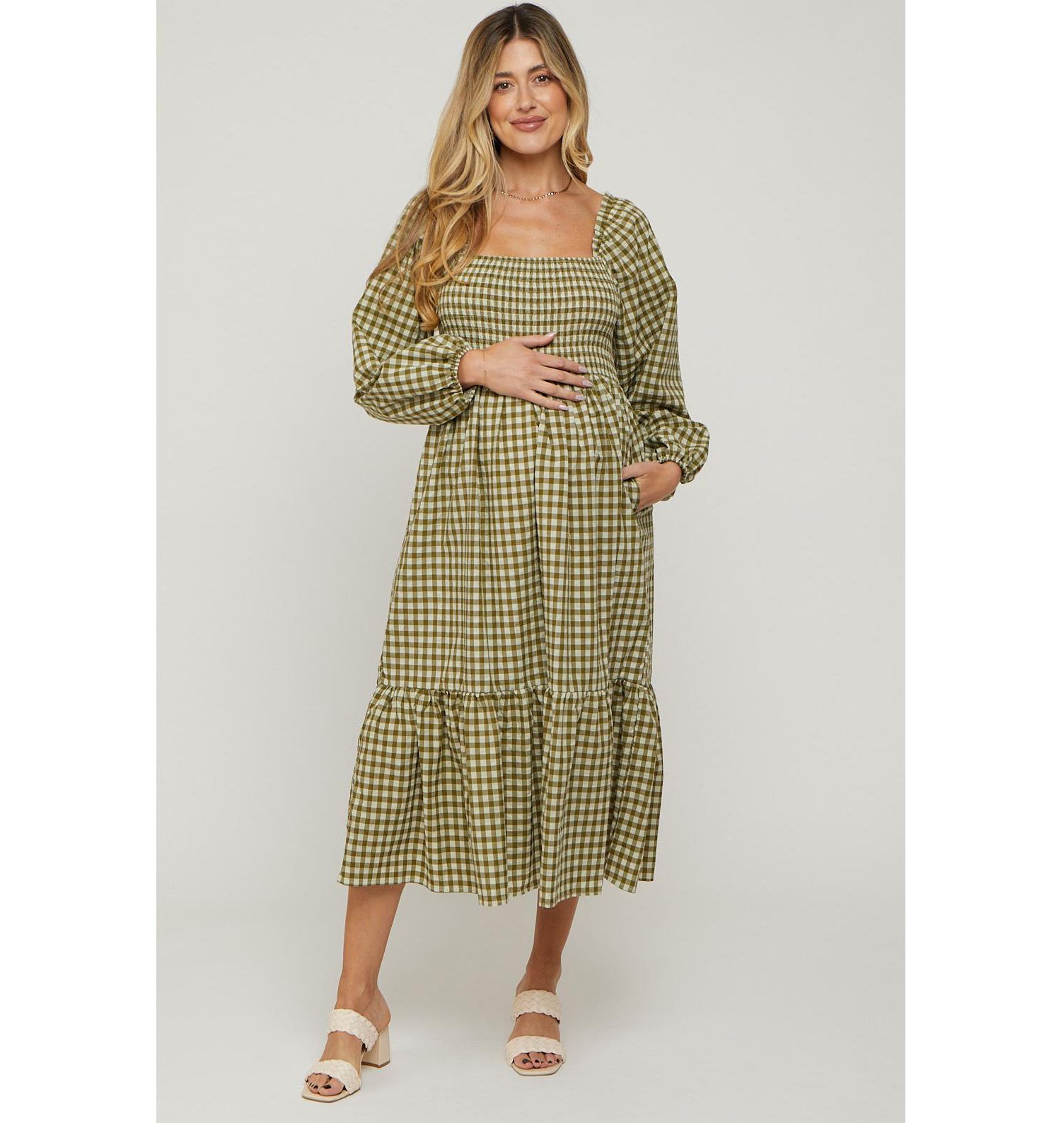 Women's Olive Gingham Long Sleeve Midi Dress