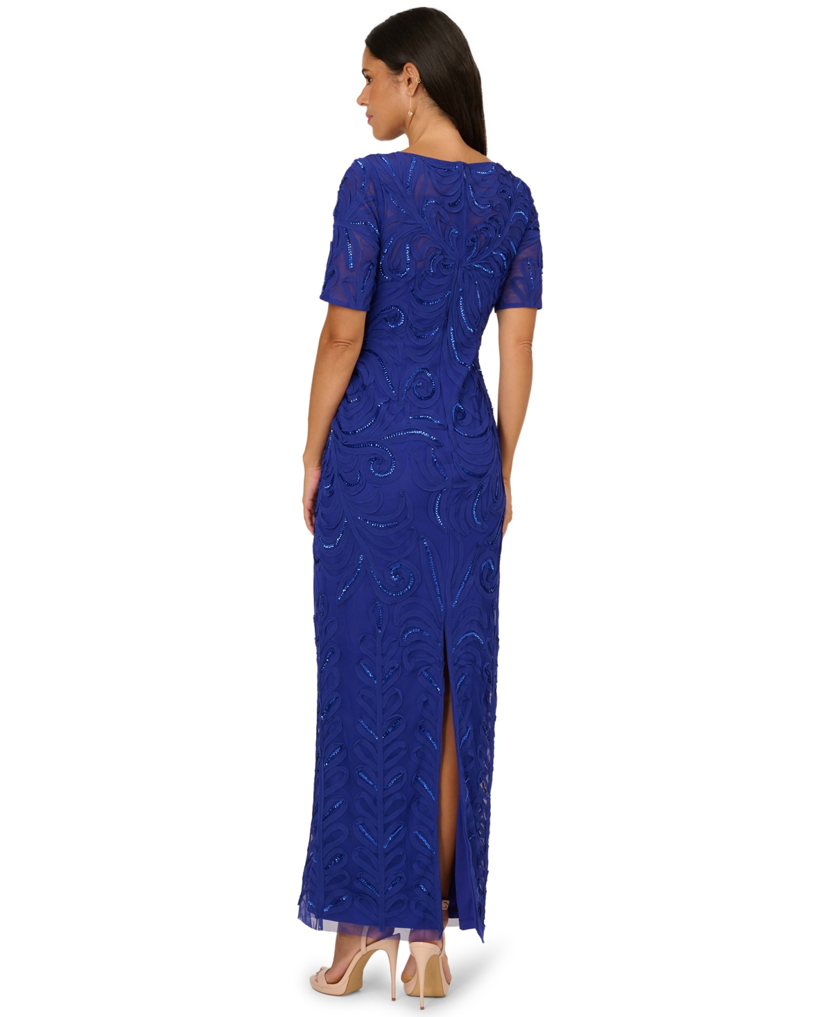 Adrianna Papell Petite Soutache Column Boat Neck Long Dress
