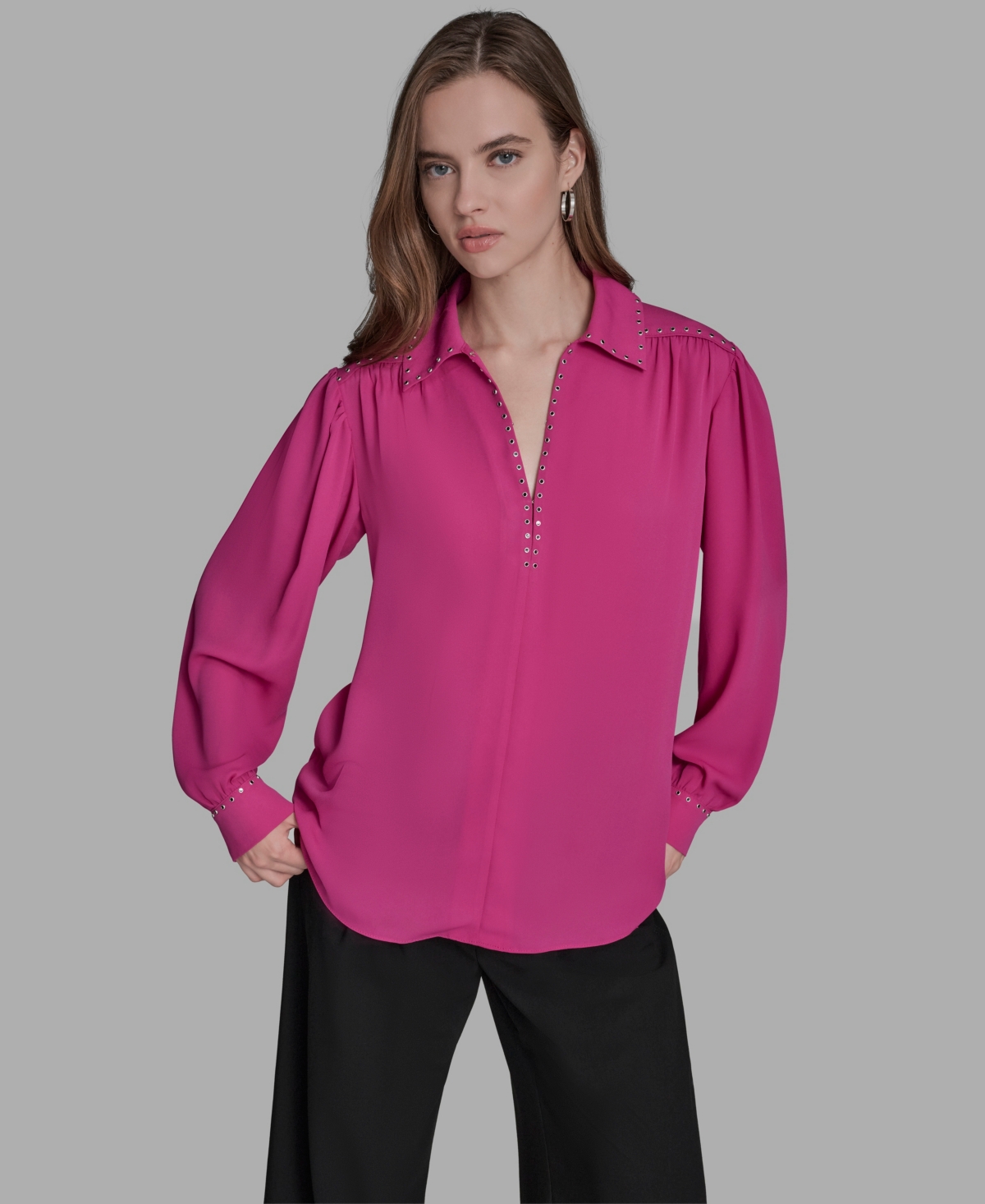 Bcbg Women's Long Sleeve Embellish Trim Top In Pink
