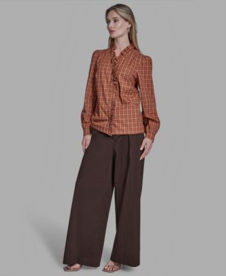 Women's Plaid Button Placket V-Neck Top