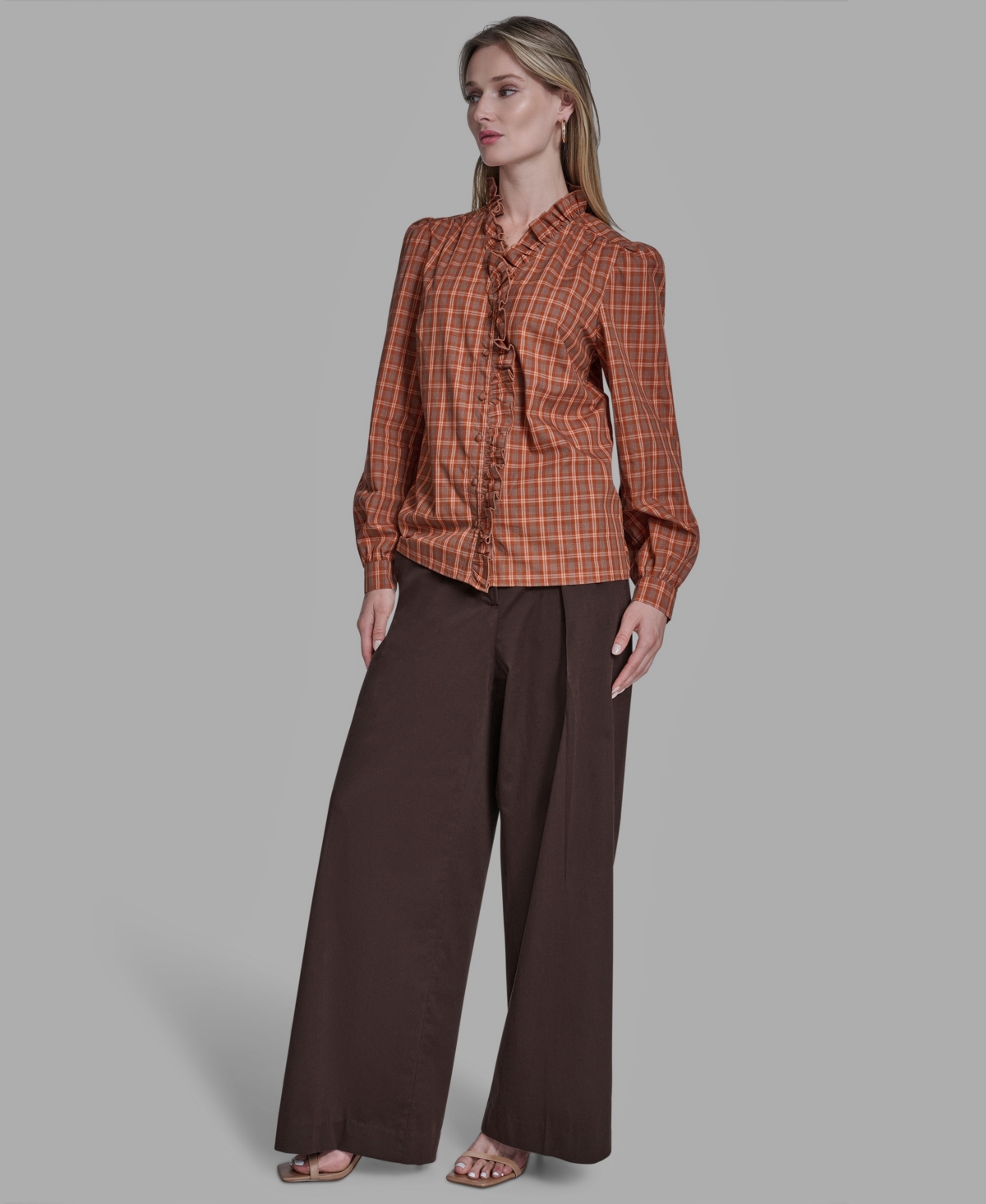 Bcbg Women's Plaid Button Placket V-neck Top In Brown