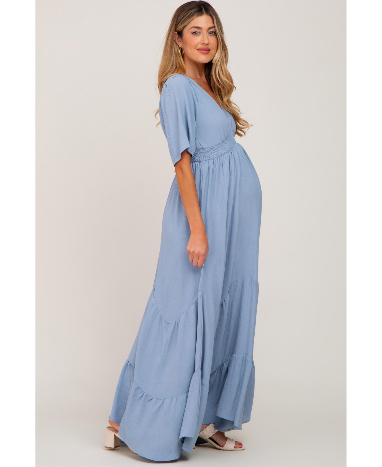 Women's Light Blue Deep V-Neck Maxi Dress