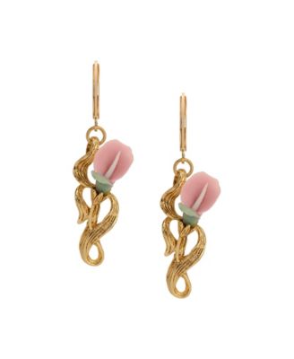 Gold Tone Pink Flower Drop Earrings