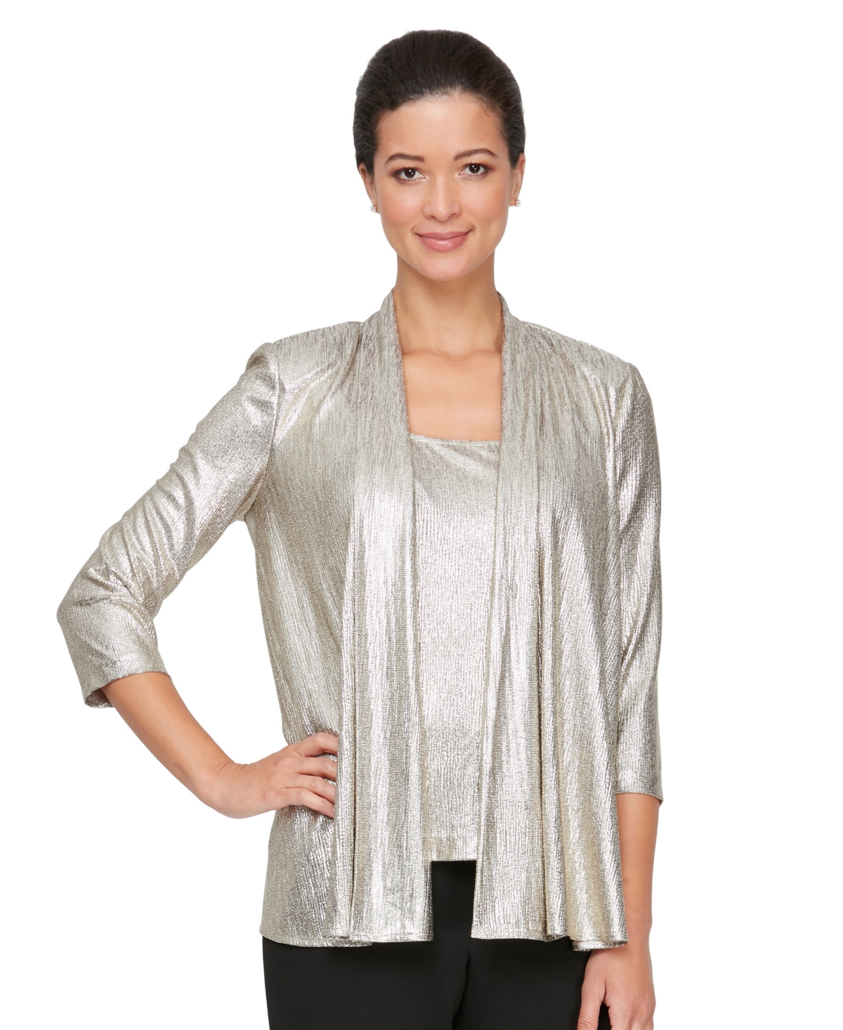Alex Evenings Women's Open Metallic Jacket and Tank Twinset