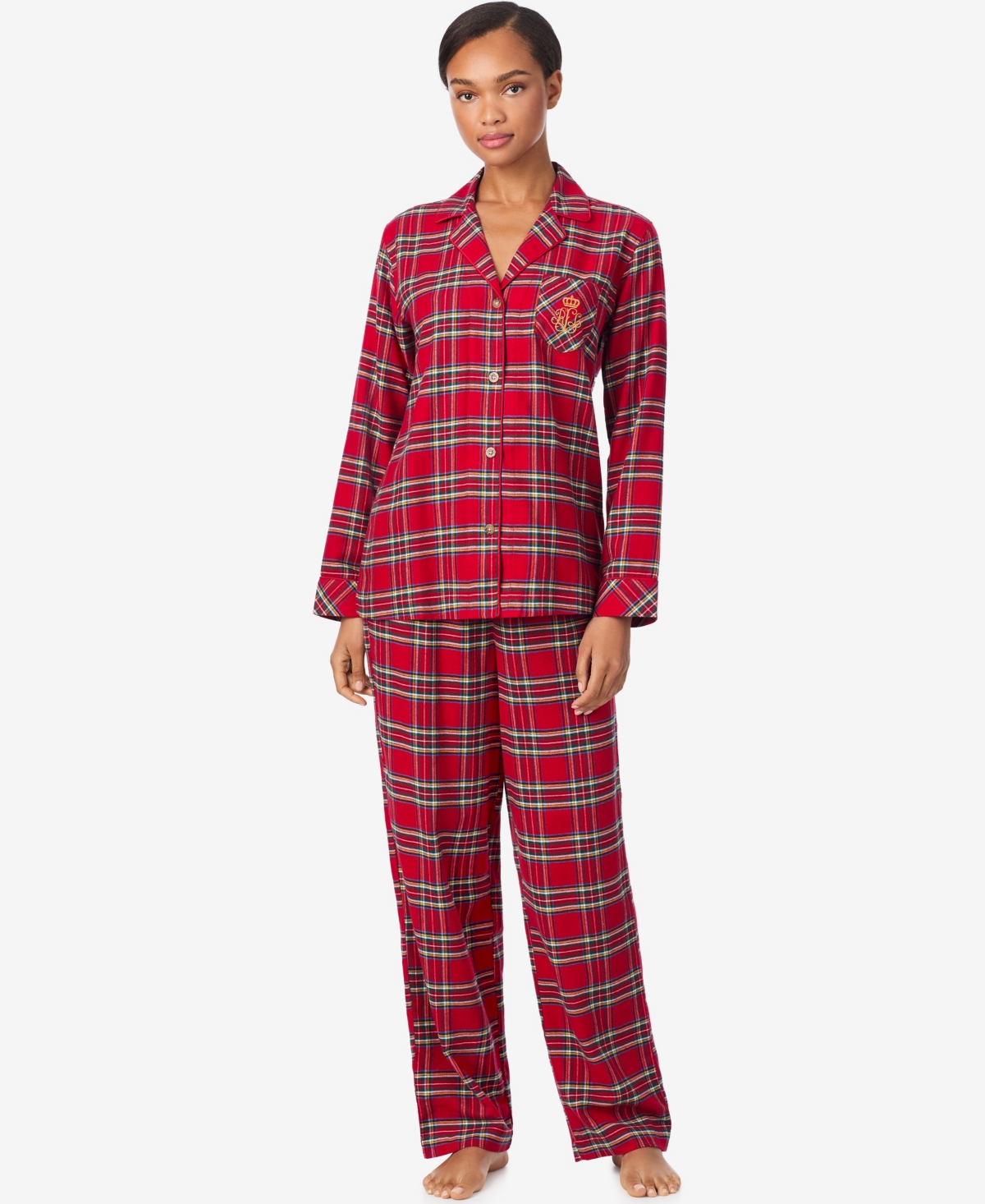Ralph Lauren Women's Petite Long Sleeves Notch Collar Pajama Set In Red