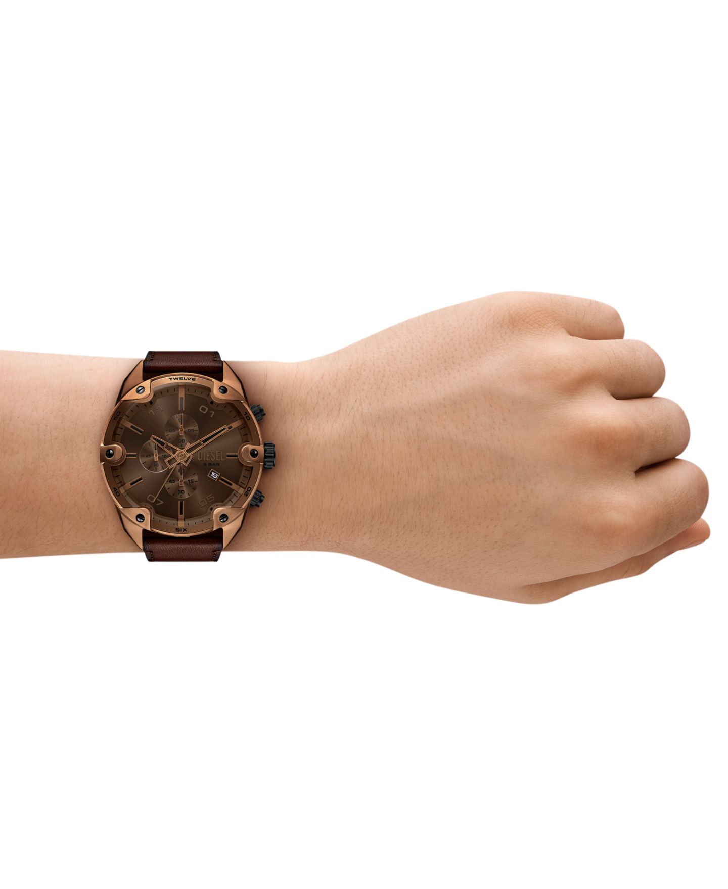 Мужские часы Diesel Spiked Quartz Chronograph Brown Leather Watch, 49mm — фото 4