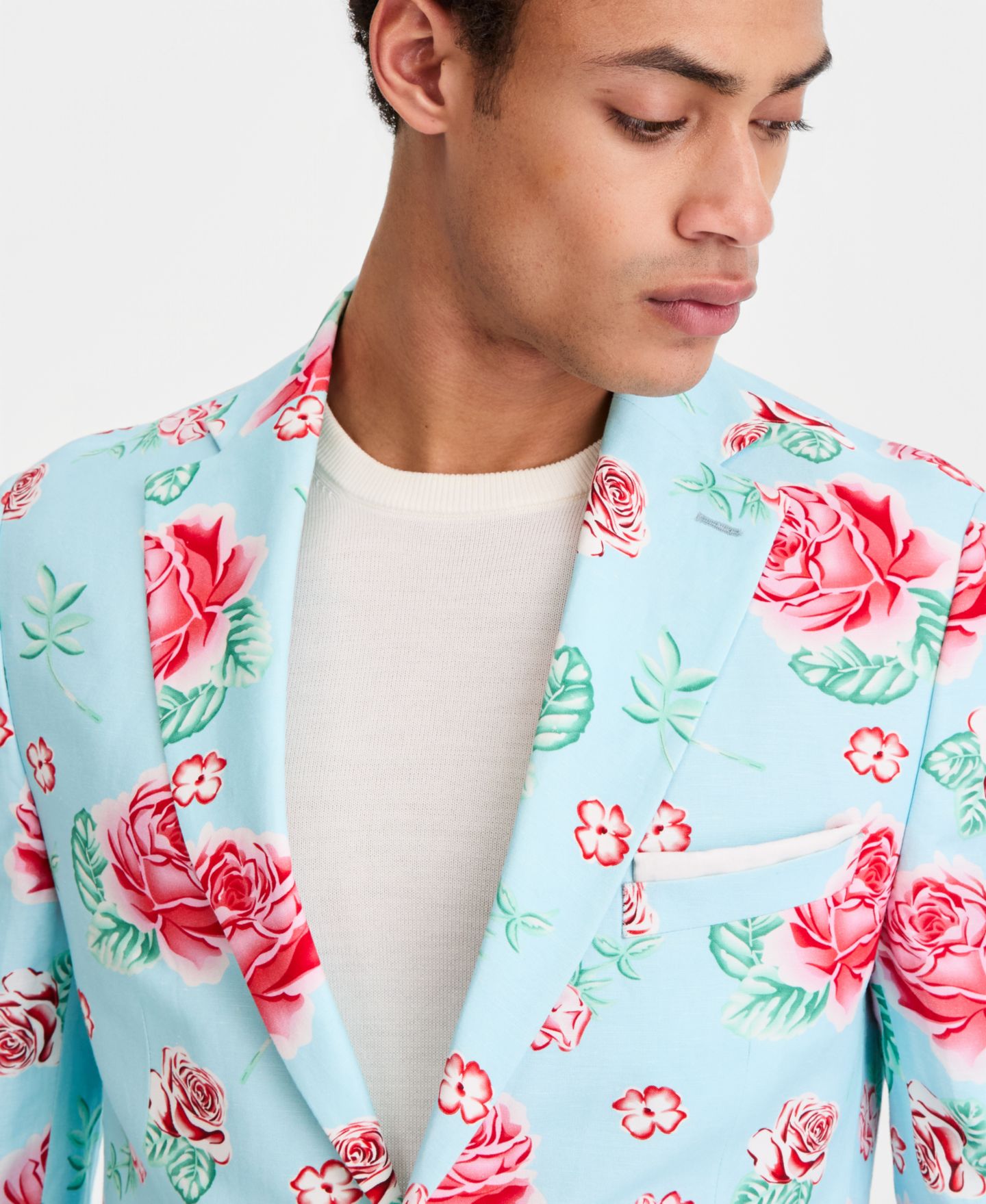 Мужской пиджак Tallia Slim-Fit Linen-Blend Patterned Blazer, цвет: Синий / Розовый — фото 2