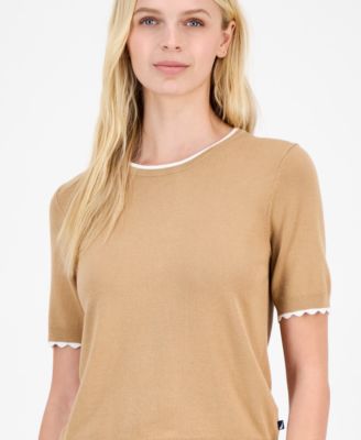 Women's Scallop-Trim Short Sleeve Crewneck Sweater