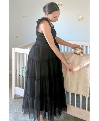 Maternity Smocked Mesh Ruffle Accent Midi Dress