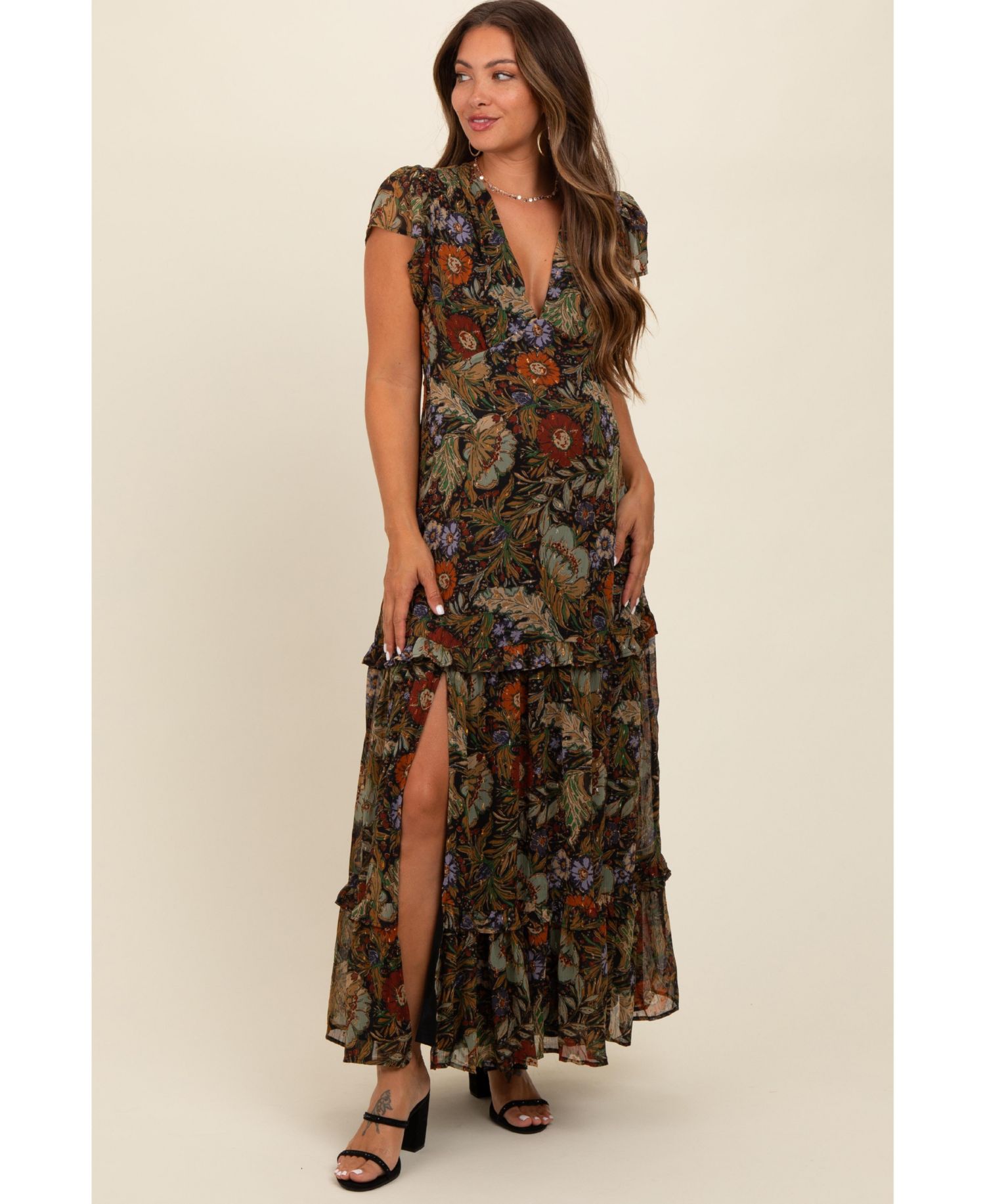 Women's Black Floral Deep V-Neck Tiered Maxi Dress