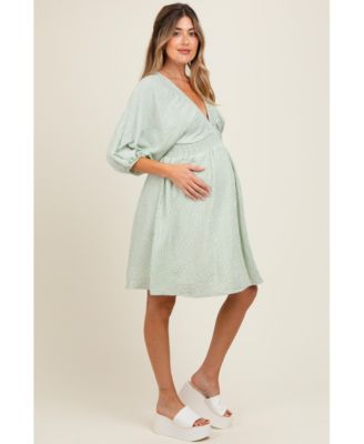 Maternity Sage Striped Balloon Sleeve V-Neck Dress