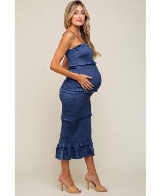Olive Satin Smocked Fitted Maternity Maxi Dress