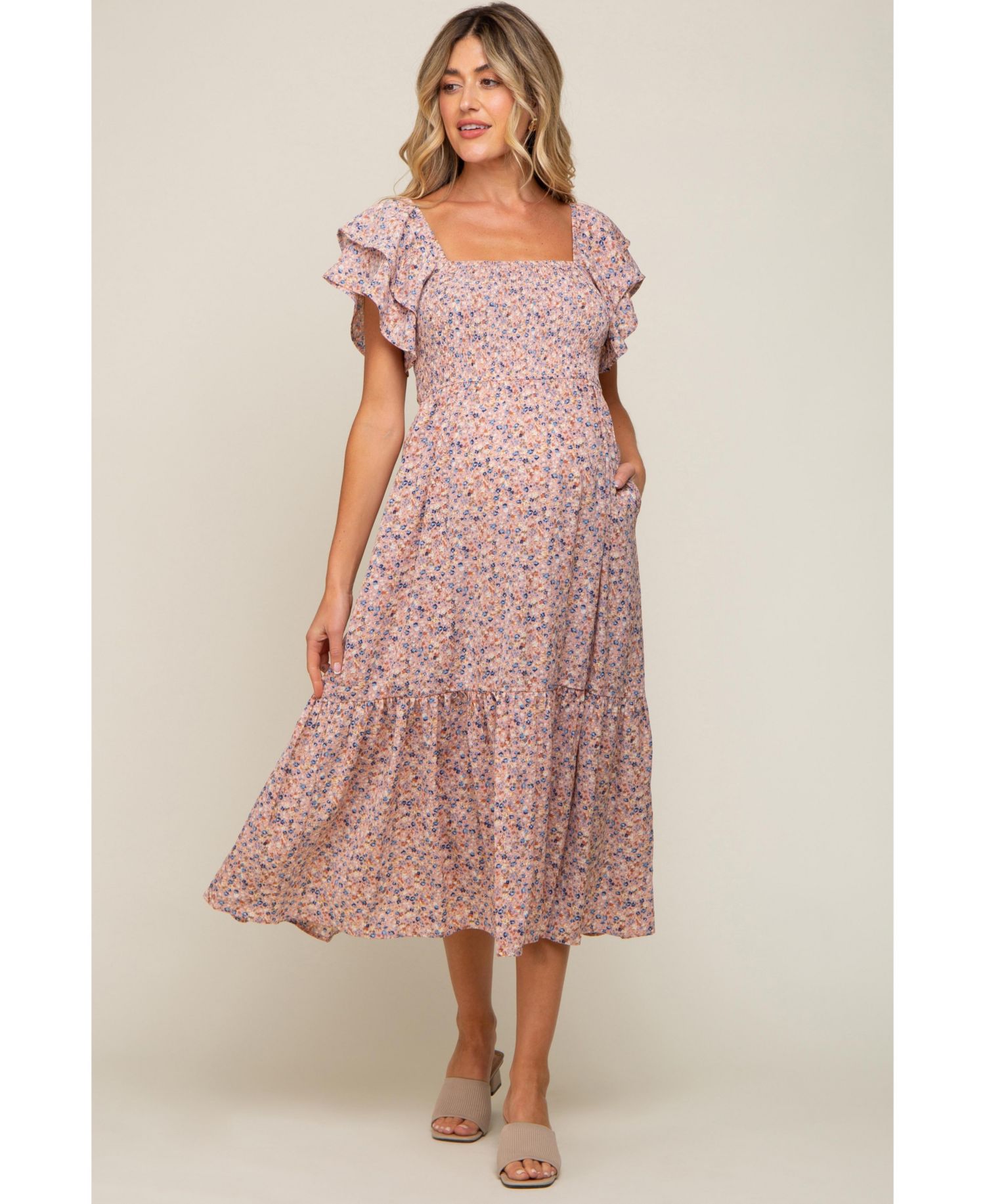 Women's Light Pink Floral Flutter Midi Dress