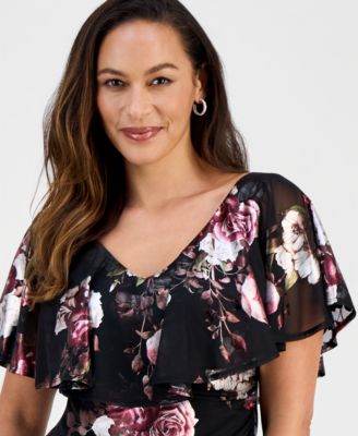 Petite Floral Print Capelet Sheath Dress