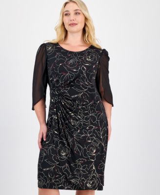 Plus Size Sheer-Sleeve Printed Side-Tab Dress