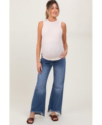 Blue Distressed Fringe Hi-Lo Hem Cropped Flare Maternity Jeans