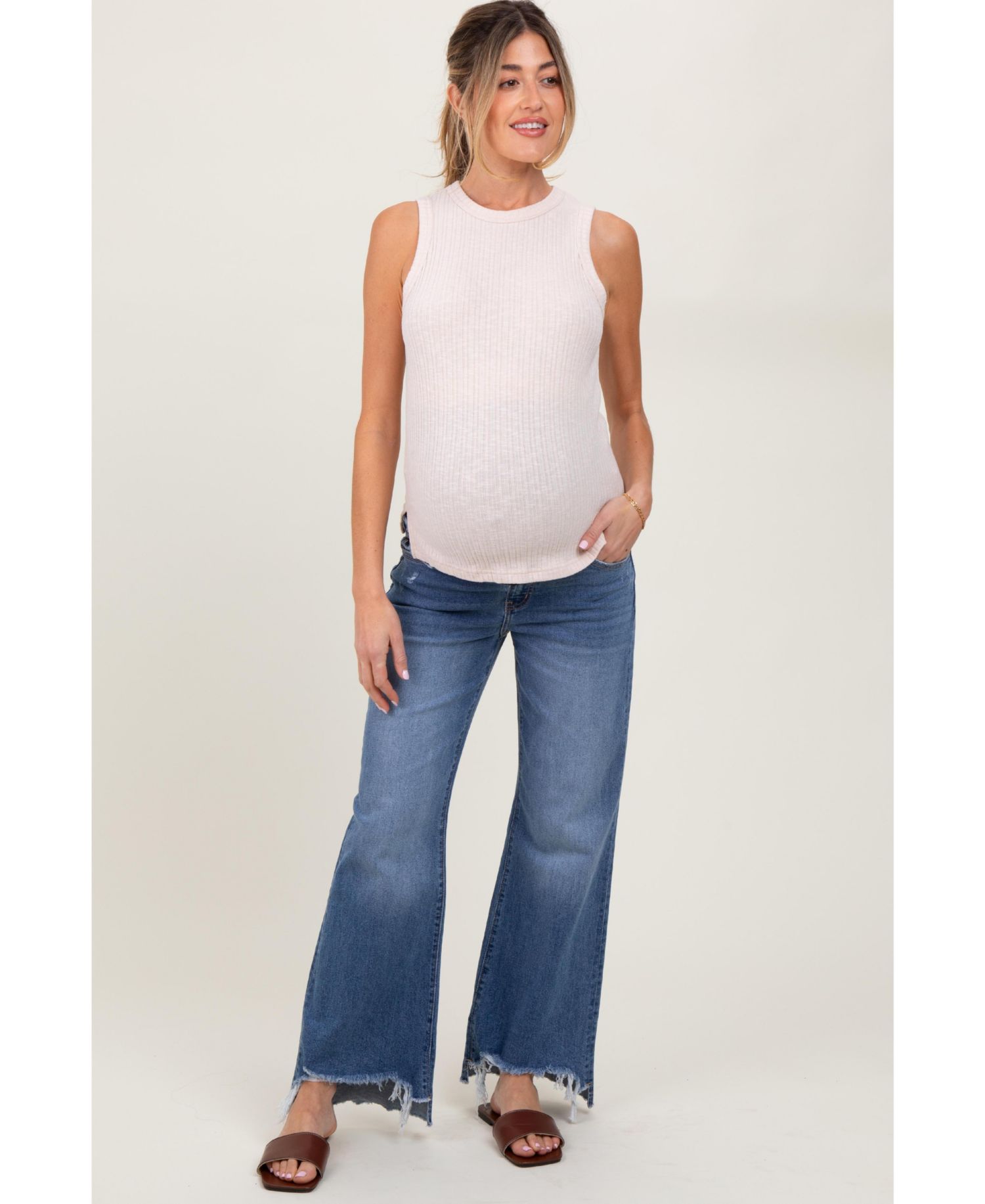 Women's Blue Distressed Fringe Hi-Lo Hem Cropped Flare Jeans