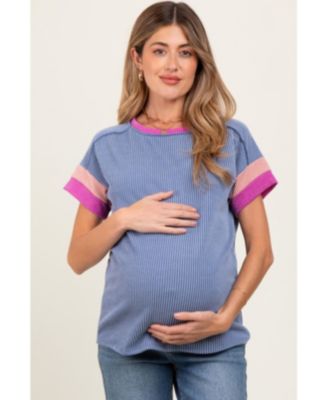 Maternity Pink Ribbed Colorblock Detail Short Sleeve Top